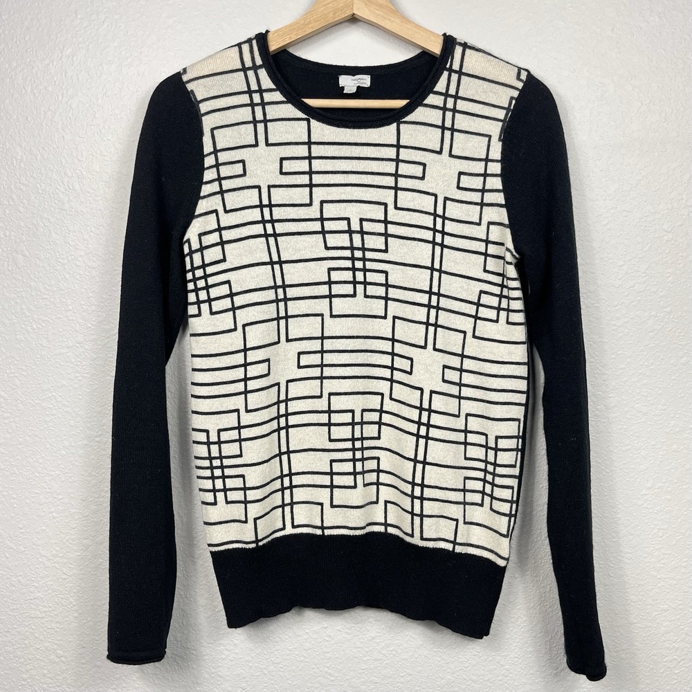 Halogen Women 100% Cashmere Pullover Sweater Small Black Cream Artsy Cozy Casual
